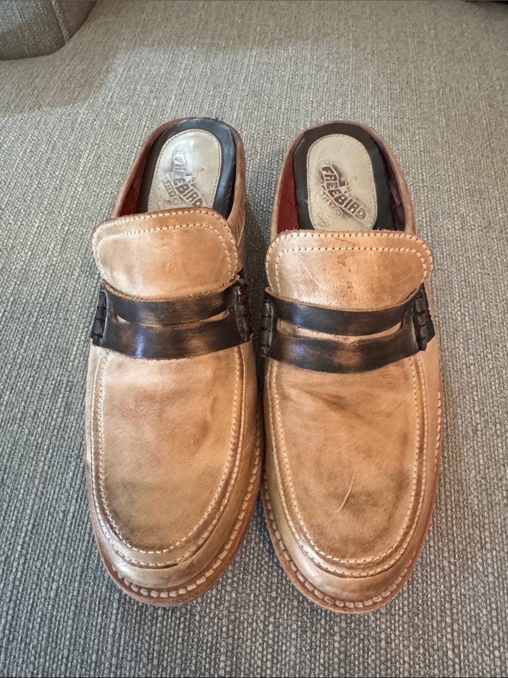 freebird Tan and Dark Brown Leather Slip-On Loafers